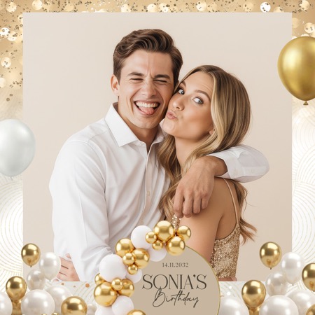 Modèle de cabine photo pour fête d'anniversaire avec ballons dorés